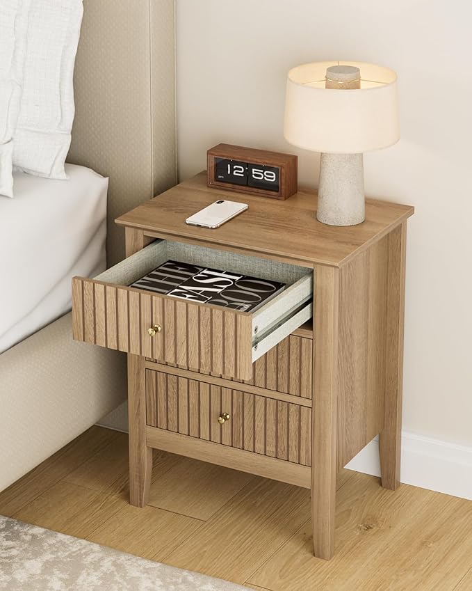 Fluted Nightstand, Farmhouse Night Stand with 3 Drawers, Mid Century Modern Side Accent Table,Bedside End Table for Bedroom, Living Room, Natural