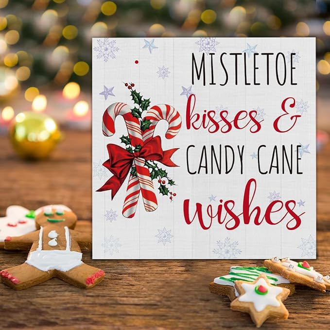 Rustic Christmas Decorations, Candy Cane Wooden Sign Home Decor, Mistletoe Wooden Block Sign, Christmas Decor for Table Shelf 5 x 5 Inch