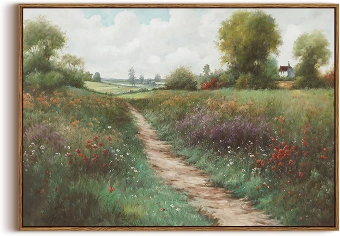 KISSFOX Vintage Landscape Canvas Wall Art Summer Farmhouse Wildflower Field Path Framed Wall Art Natural Countryside Cottagecore Paintings Artwork Rustic Art Prints For Bedroom Bathroom Living Room