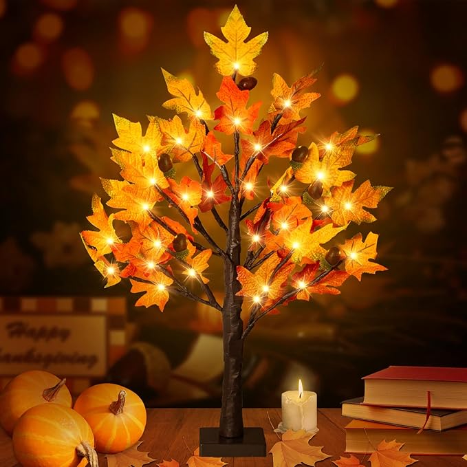 2FT Lighted Maple Tree- Fall Artificial Tree Thanksgiving Decor Tabletop Lamp with 36 LED Lights, Autumn Maple Leaves, 6 Acorns, 6-Hours Timer Function, Battery Operated for Indoor Home
