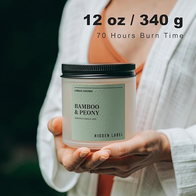 Hidden Label Bamboo Peony Scented Candle, 12oz 2 Wick Natural Soy Non Toxic Candles, Clean Burning Long Lasting Aromatherapy for Home | Gifts | Décor,Premium Scents for Relaxation & Stress Relief