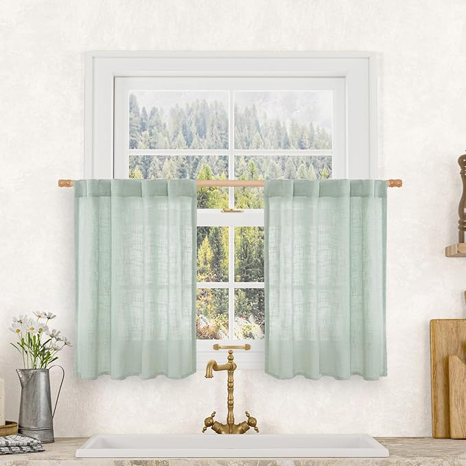 LAMIT Short Linen Window Curtains 30 Inches Long 2 Panels, Light Sage Semi Sheer Light Filtering Panels Back Tab and Rod Pocket Neutral Drapes for Basement/Small Windows, 34 x 30 Inch