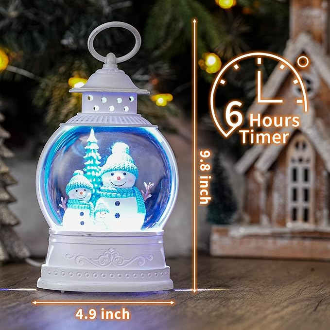 Christmas Snowman Snow Globes, Snowman Family Musical Snow Globe Lantern with Timer, Lighted Christmas Decorations Indoor, USB or Battery Operated