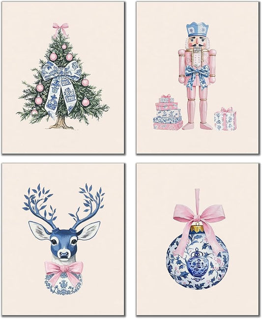 DOFQZ Pink Chinoiserie Christmas Wall Art Prints Set of 4, Grandmillenial Christmas Decor, Preppy Bauble Xmas Tree Nutcracker Reindeer Holiday Posters for Girls Dorm Apartment Decor, 8x10 Unframed
