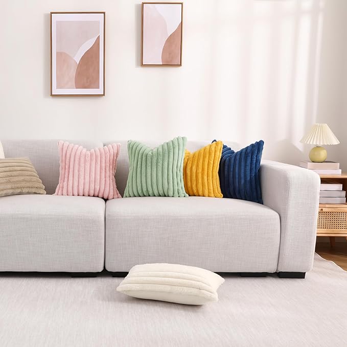 decorUhome Faux Fur Throw Pillow Covers 24x24 Set of 2, Decorative Soft Plush Striped Neutral Couch Euro Pillow Covers with Velvet Back for Sofa, Bed, Living Room Home Decor, Mustard Yellow