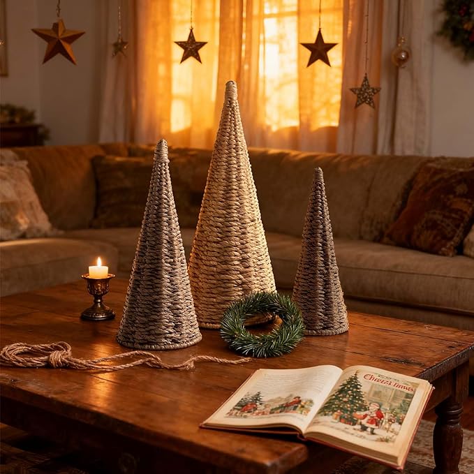 3pcs Natural Woven Christmas Trees Decor, Artificial Christmas Tree Decorations for Home Party Table Village Craft Indoor Outdoor Vintage Christmas Decor(Khaki+Dark Brown+Dark Khaki)
