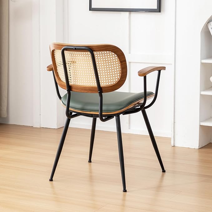Rattan Dining Room Chairs Set of 4,Mid Century Modern Kitchen Side Chairs,Metal Legs Desk Chair,Faux Leather Accent Chair with Arms and Rattan Backrest Green PU