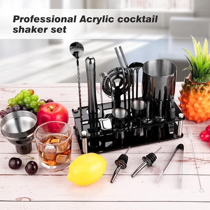23 Piece Cocktail Shaker Set Bartender Kit with Acrylic Stand & Cocktail Recipes Booklet, Professional Bar Tools for Drink Mixing, Home, Bar, Party (Include 4 Whiskey Stones) - Black