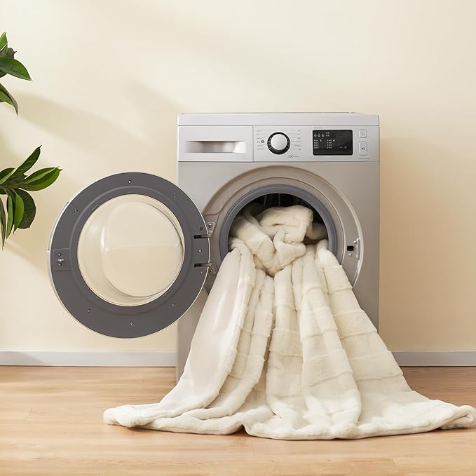 Cozy Bliss Fluffy Faux Fur Blanket King Size for Bed, Fuzzy Soft Striped Plush Blanket, Thick Throw for Bedroom Couch Gift, 108x90 Inches Cream White