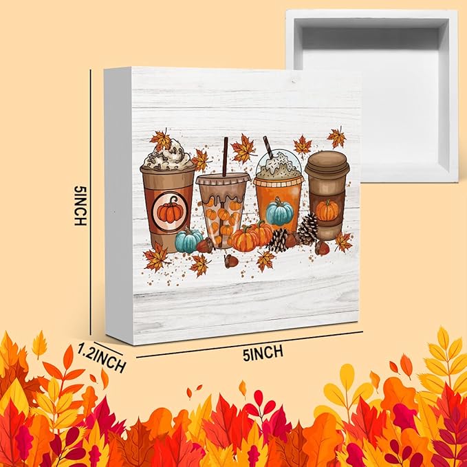 Cute Fall Coffee Thanksgiving Halloween Pumpkin Nut Office Bedroom Dining Room Decor Wooden Box Block Plaque Wood Products Sign for Desk Table Tabletop Decor 5 x 5 inches Tub1606
