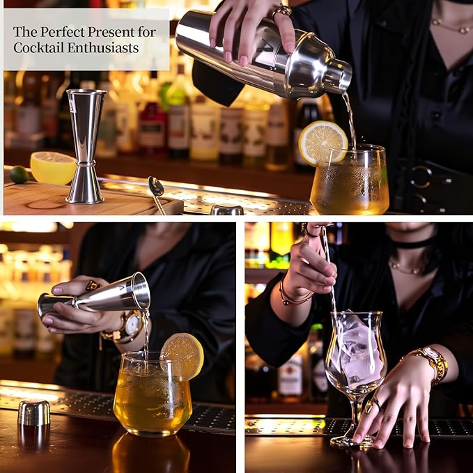 24oz Cocktail Shaker Set with 1 oz 2oz Jigger - Monogramm Initials Martini Shaker Set - 304 Stainless Steel Bar Shaker for Margarita,Mojito-Personalized Gift for Friend,Husband-V