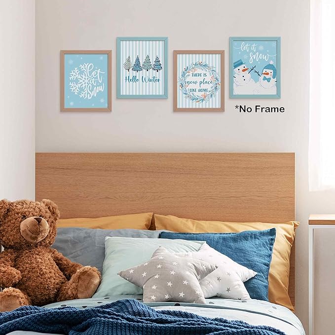 TLESKE Blue Winter Christmas Trees Let It Snow Posters Prints Unframed Set of 4, There Is Snow Place Like Home Wall Art Prints Decor for Bedroom Living Room, Hello Winter Snowmen Snowflakes Pictures, 8x10 Inches