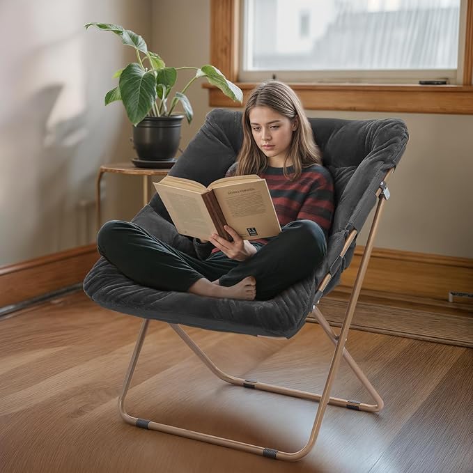 Athena Collection Saucer Chair for Adult, Square Comfy Cozy Chair Folding Chair Faux Fur Metal Frame Foldable Reading Chair Accent Chair for Bed Room Living Room Set of 2, Black