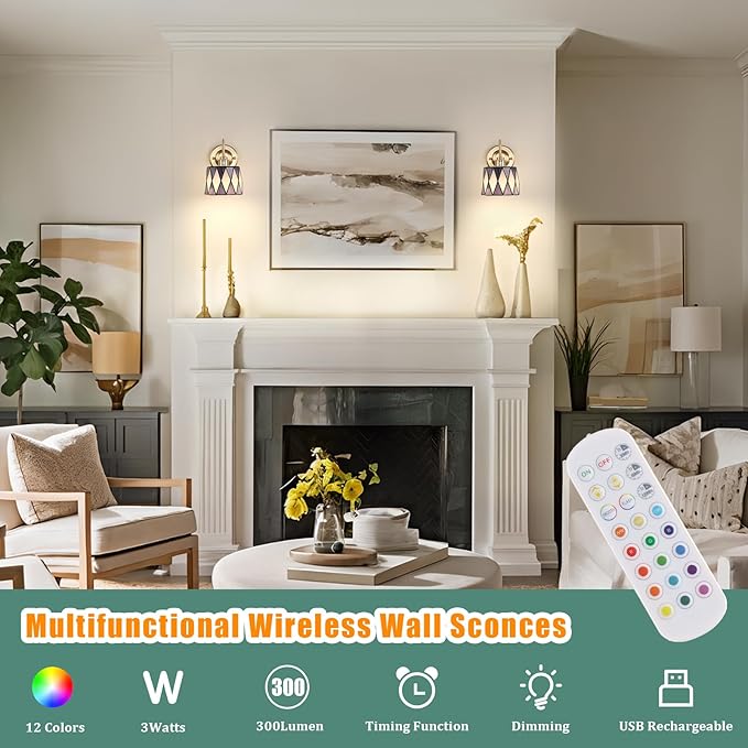 Vintage Battery Operated Wall Sconce Set of 2, 5000mAh Rechargeable Wall Lamp 12 RGB Colors Dimmable, Gold Lights Fixture for Bedroom Bathroom Living Room Hallway Twilight Blue Checker