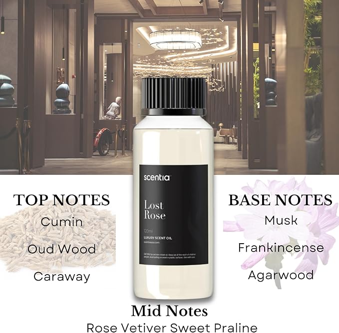 Scentia Hotel Diffuser Oil Inspired by Fairmont Hotel Scent - 120 mL 4.06 fl oz - Refill Diffuser Oil Blend Rose, Oud Wood & Clove Notes for Aromatherapy Diffusers - Lost Rose, Mothers Day Gift