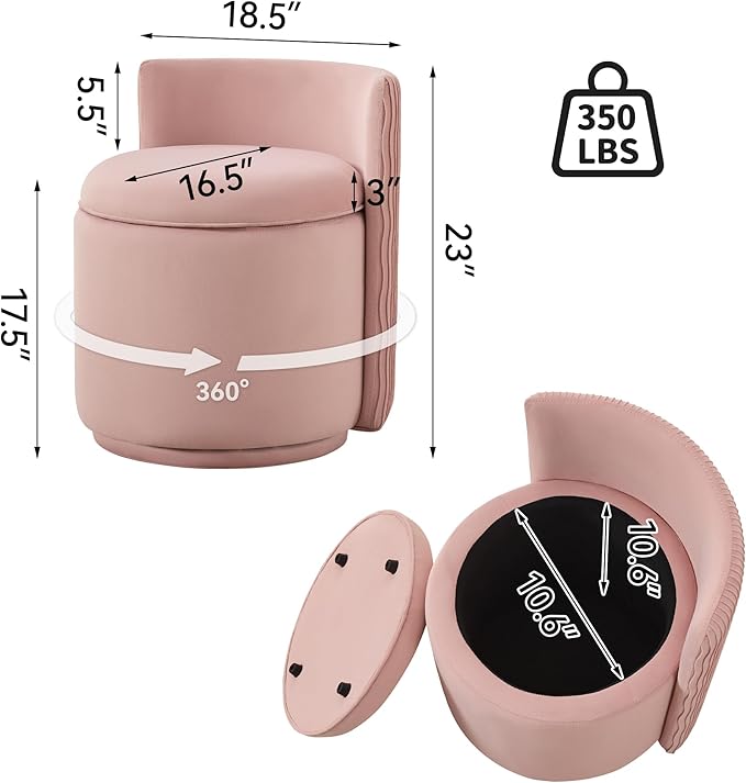 Velvet Vanity Chair with Storage, 360° Swivel Makeup Chair with Wave Back, No Assembly Small Accent Stool for Bedroom, Dressing, Living Room, Pink