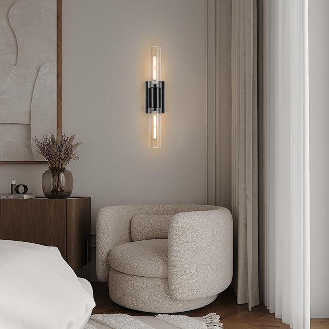 Bathroom Wall Sconces Set of Two Black , 21" Modern 2-Light Vanity Light Tube Wall Sconce, Clear Glass Indoor Hardwired Mounted Lamps for Living Room,Bedroom,Hallway-Black Clear (Bulb Not Included)