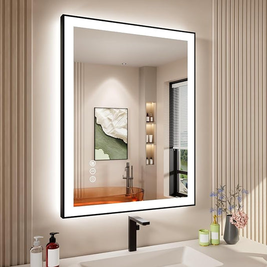 28x36 Inch LED Bathroom Mirror with Black Frame, Backlit and Front Lighted Bathroom Mirrors for Wall, Anti-Fog, Dimmable, Memory, Shatterproof, LED Vanity Mirror for Bathroom