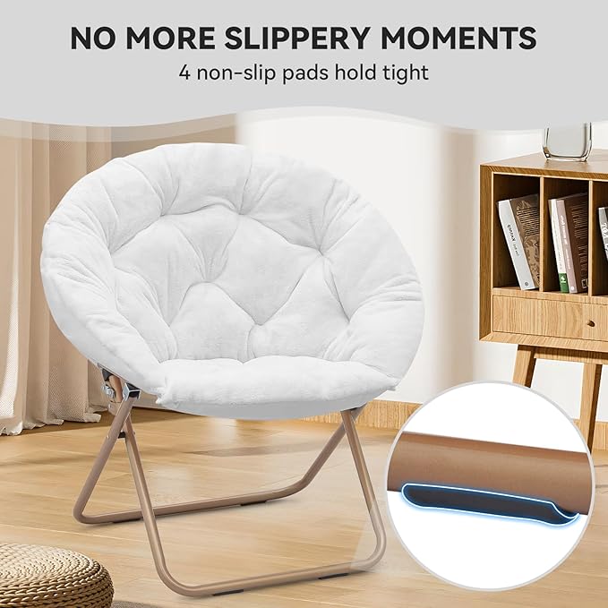 Magshion Saucer Chair for Adults, Comfy Living Room Lounge Chair for Bedroom Corner, Dorm, Apartment, Faux Fur Fluffy Circle Accent Seat with Thick Padded & Folding Metal Frame (White, Set of 2)