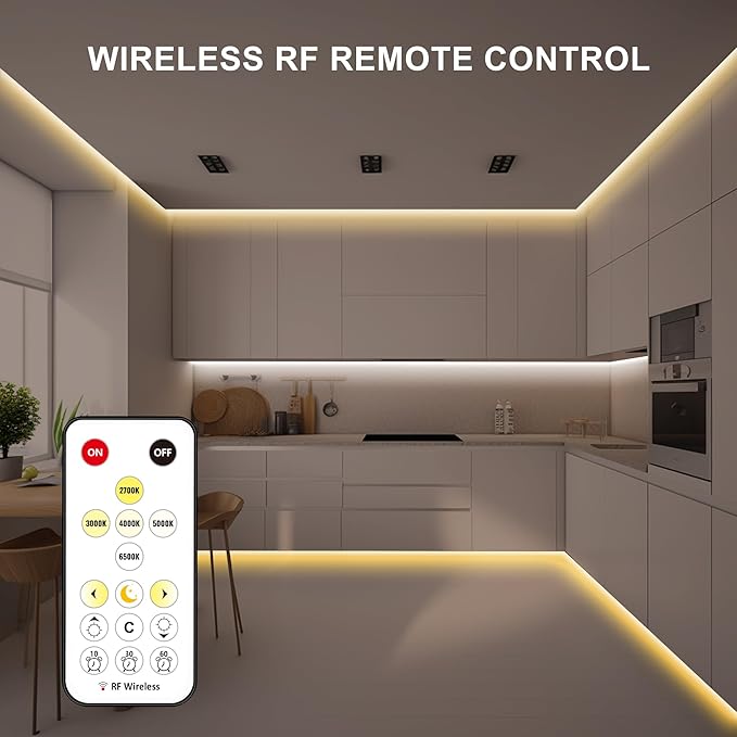 16.4ft Tunable White COB Led Strip Light with RF Remote, Dimmable CCT 2700K-6500K Led Tape Lights, Adhesive High Density Led COB Light Strip for Bedroom, Kitchen, Cabinet