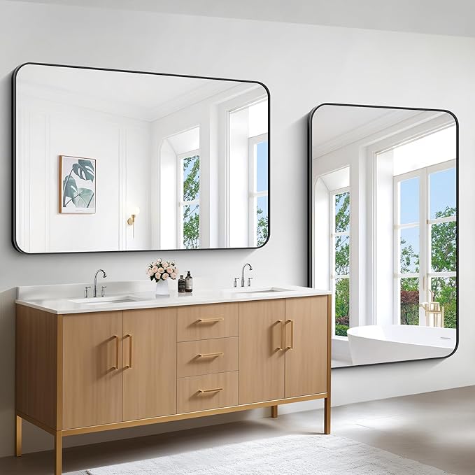 Bathroom Mirror, 55 x 36 inch Black Rectangle Wall Mirror, Metal Frame Rounded Corner Vanity Mirror, Large Wall Mounted Mirrors for Over Sink Bedroom Living Room Horizontal Or Vertical Mounting