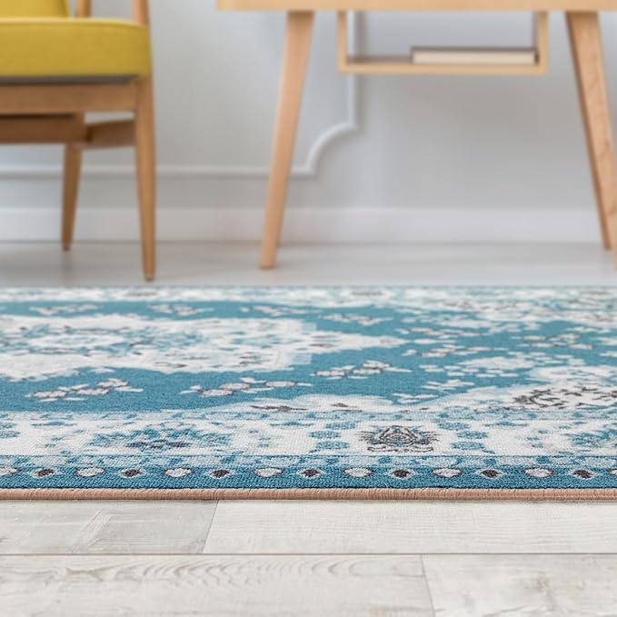 Antep Rugs Alfombras Oriental Traditional 4x6 Non-Skid (Non-Slip) Low Profile Pile Rubber Backing Indoor Area Rugs (Turquoise Blue, 4' x 5'8")