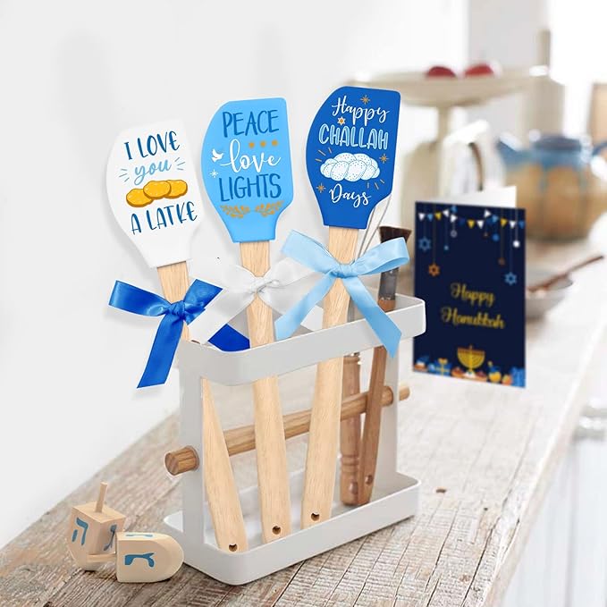 3 Pieces Silicone Spatula Set Baking Cooking Mixing Flipping cake Housewarming Kitchen Home Decoration Gift Idea Heat Resistant with Wood Handle and Ribbon Bows with greeting card present (Food)