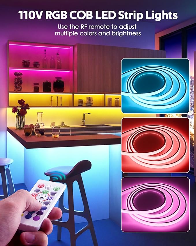 110V Bluetooth RGB COB LED Strip Light 10FT Multicolor Dimmable Flexible LED Lights Strip with Remote Music Sync Outdoor Waterproof RGB Neon COB Rope Light Plug in Color Changing AC 110V~130V IP67