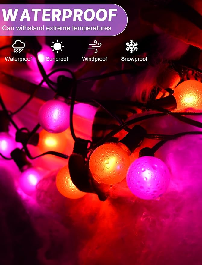 25ft Halloween String Lights Outdoor - G40 LED Orange and Purple String Lights with 27 Frosted Globe Bulbs(2 Spare), Vintage Halloween Decorations for Patio Balcony Porch Yard