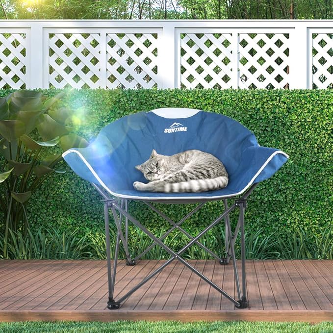 OUTDOOR LIVING SUNTIME Oversized Padded Camping Chair,Portable Comfy Outdoor Folding Moon Round Saucer Chairs for Adults with Holder and Carry Bag, Perfect for Hiking Lawn Patio Sports(Blue 2 Pack)