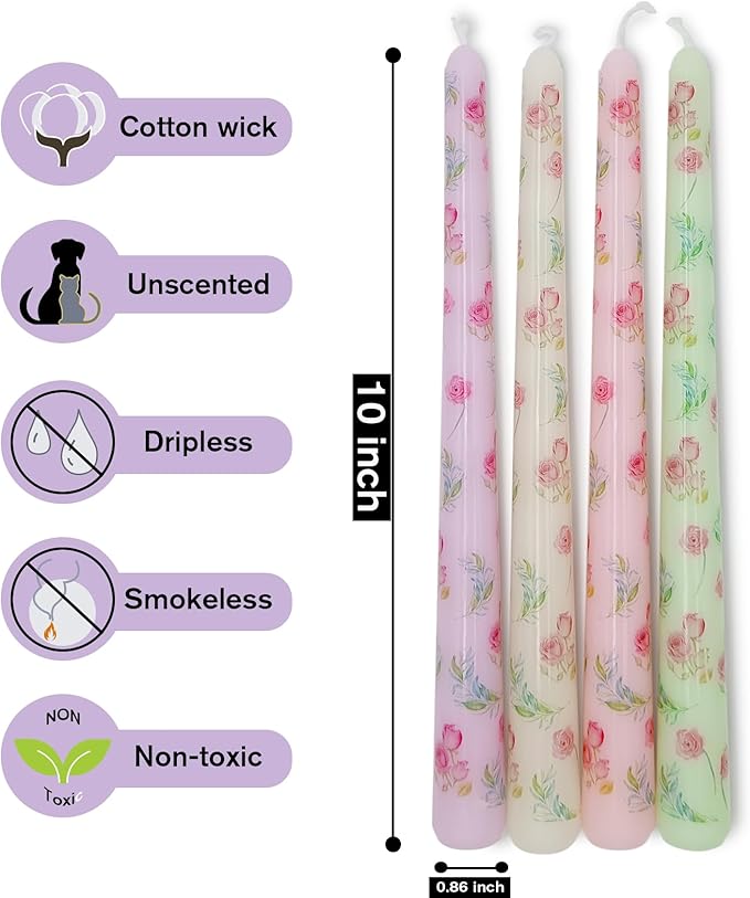 10 Inch Flower Taper Candles 4 Pcs Unscented, Smokeless, Dripless Long Tapered Candlesticks Candles for Mother's Day Birthday Dinner Dating Wedding Party Home Decor