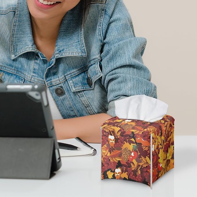 Maple Leaves Tissue Box Cover Square Pu Leather Tissue Box Holder for Napkin Facial Paper Organizer with Buttons Thanksgiving Squirrel Modern Home Decorative for Bedroom/Bathroom