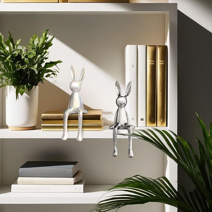 2-Piece Rabbit Decor Sculptures - Home, Office, Living Room, Bedroom - Accents, Decorations, Figurines - Small Statues for Bookshelf, Desk - Ideal Gifts (Silver, White)