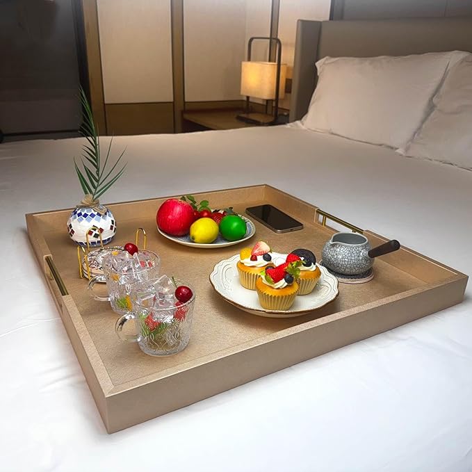 24x24 Inches Extra Large Champagne Faux Leather Wrapped Wood Ottoman Tray with Golden Handles for Serving Food Breakfast On Bed, Square Coffee Table Organizer, Home Decor and Decorative