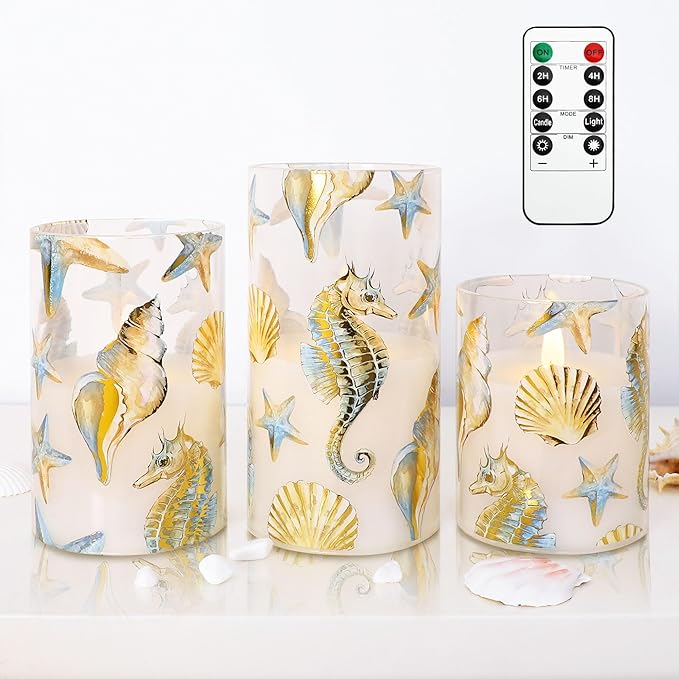 Flameless Candles x3 with Set Remote Christmas Bronzing Glass Golden Seahorse Shell Starfish Ocean Timer 24hrs-Cycled Home Decor Gift Wedding Party Room Table Centerpieces