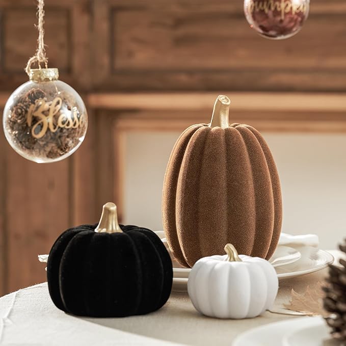 DN DECONATION 3 Pcs Fall Pumpkin Decorations – Flocked White Brown Black Resin Pumpkins Figurines for Autumn Thanksgiving Halloween Decoration, Faux Artificial Pumpkin for Home Table Mantel Decorating