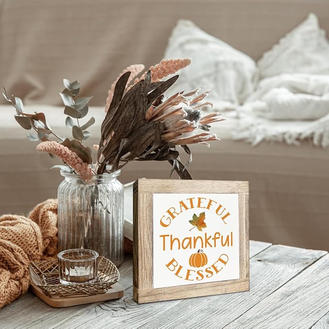 Pumpkin Decors, Grateful Thankful Blessed Signs, Thanksgiving Decors Art, Autumn Home Office Decor, Farmhouse Table Shelf Decoration, Box Sign Wood Desk Sign Decor 5.9X5.9X0.7inches