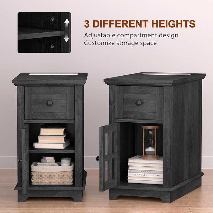 HIFYOBRO Narrow End Table with Flip Top Charging Station Set of 2, Storage Side Table with Drawer and Cabinet, Type-C & USB Port & Power outlets, Wooden Storage Cabinet for Bedroom/Living Room