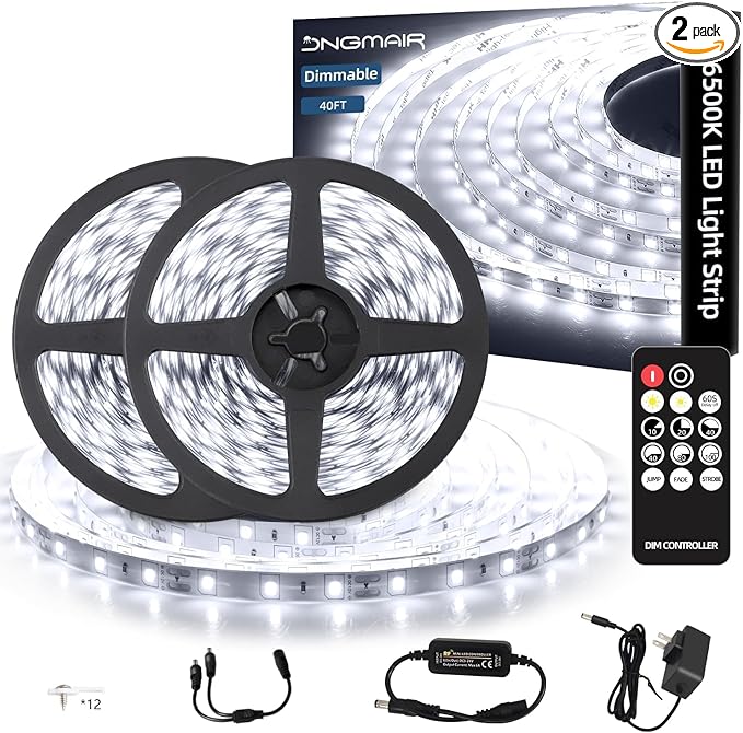 40ft LED Strip Lights with Remote, 6500K Daylight White Dimmable Tape Lights, 12V 720 LEDs 2835 Strong Adhesive Rope Lights for Cabinet Kitchen Ceiling Closet Vanity Mirror Stairway Basement