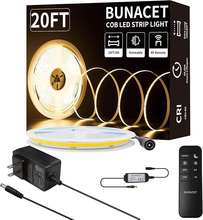 COB LED Strip Lights, Bright COB LED Lights 20ft LED 3000K Cool White Dimmable LED with RF Remote Under Cabinet Lighting for Bedroom Counter Kitchen