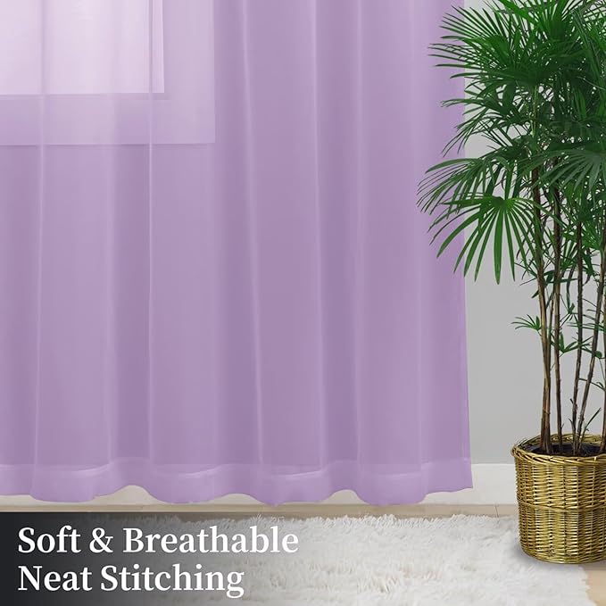 Sheer Curtains 45 Inches Long 2 Panels, Rod Pocket Short Curtain for Kitchen, Bedroom, Cafe Window(Lavender 38" W x 45" L)