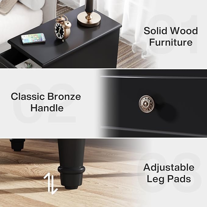 Tribesigns Solid Wood End Table, Fully Assembled Narrow Side Table with Drawers, Pre-Assembled Nightstand Slim Bedside Table for Small Spaces, Living Room, Bedroom, Black