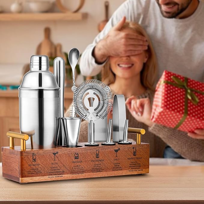 Cocktail Shaker Set Bartender Kit with Stand 24oz Martini Shaker,12-Piece Professional Bar Tool Set Drink Mixer Set with All Essential Bar Tools.