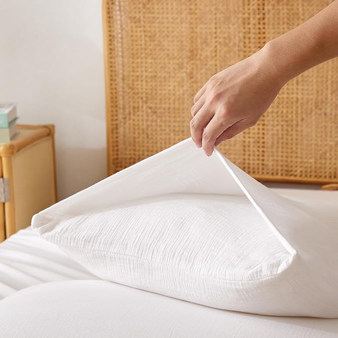 Twin Sheets Set 100% Cotton Bed Sheets 3 Pcs Linen Like White Fall Sheet 16" Deep Pocket Sheet & Pillowcase Sets Boho Muslin Soft Twin All Season Bedding Sets Easy Care