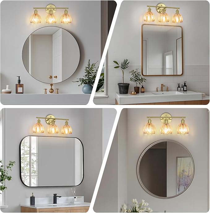 Vintage Bathroom Light Fixtures,3-Light Hardwired Vanity Lights Over Mirror,Gold Wall Sconces with Amber Tulip Glass Shade for Bathroom Living Room,E26 Socket(Bulbs Not Included)