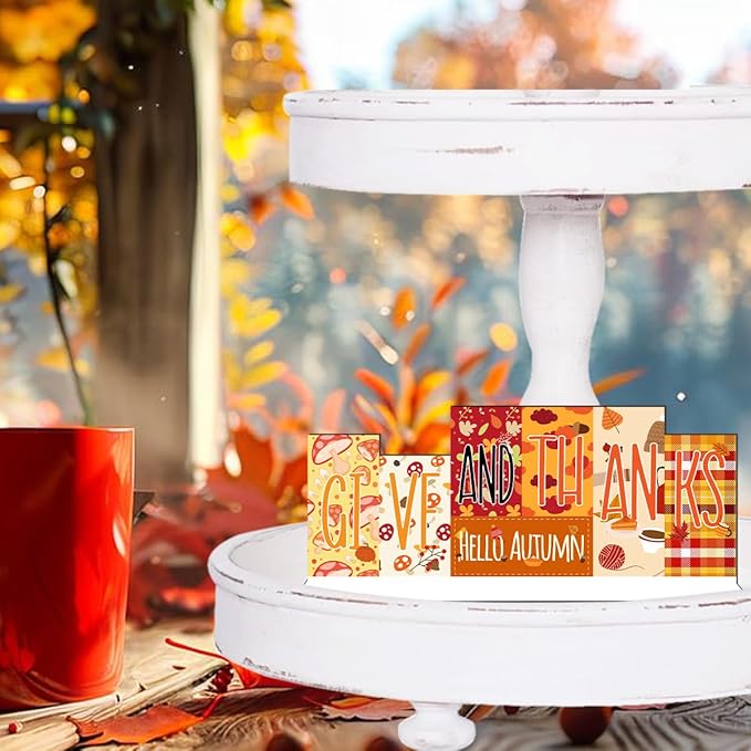Fall Thanksgiving Table Decorations Centerpieces Fall Harvest Thanks Blessed Wood Sign Table Decorations Fall Tiered Tray Tabletop Decor for Autumn Thanksgiving Party Favors Supplies