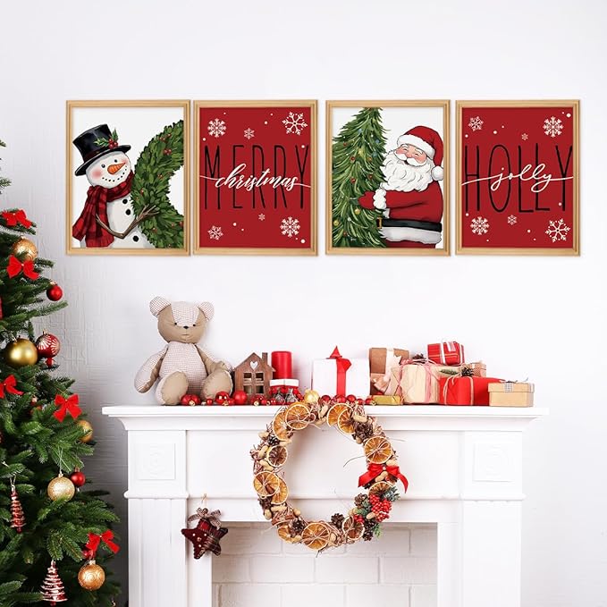 Wheatwin Christmas Decor, Merry Christmas Snowman Santa Claus Wall Art Prints Set of 4, Christmas Pictures Wall Decor for Farmhouse Living Room Bedroom Office, 8x10 (Unframed)