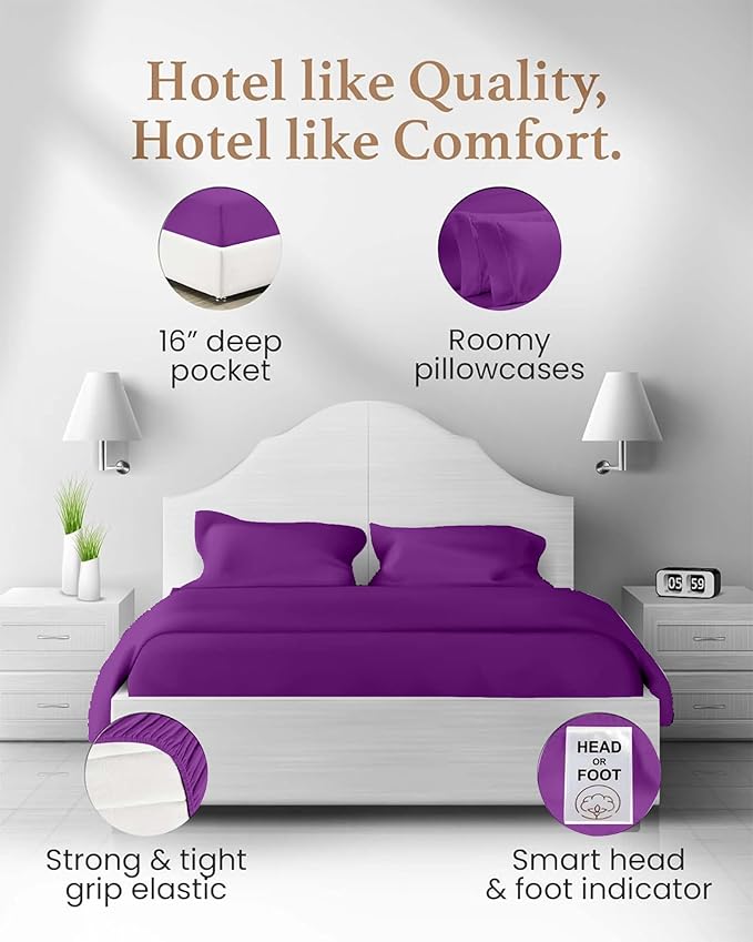 Good Sleep Bedding Cal King Sheet Set - 100% Egyptian Cotton Sheets California King Size, 4Pc, 1000 TC, California King Sheets, Soft, California King Sheet Sets Deep Pocket Fits Upto 16" - Purple