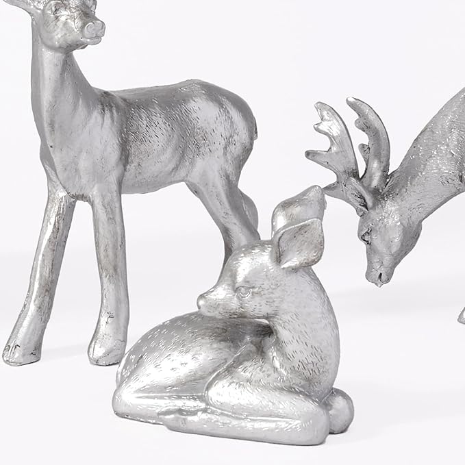 DN DECONATION Christmas Decoration Reindeer and Tree Figurines – Xmas Reindeer with White & Silver Tree Statues Decor – Resin Christmas Village for Winter Table Mantle Decor Set of 5