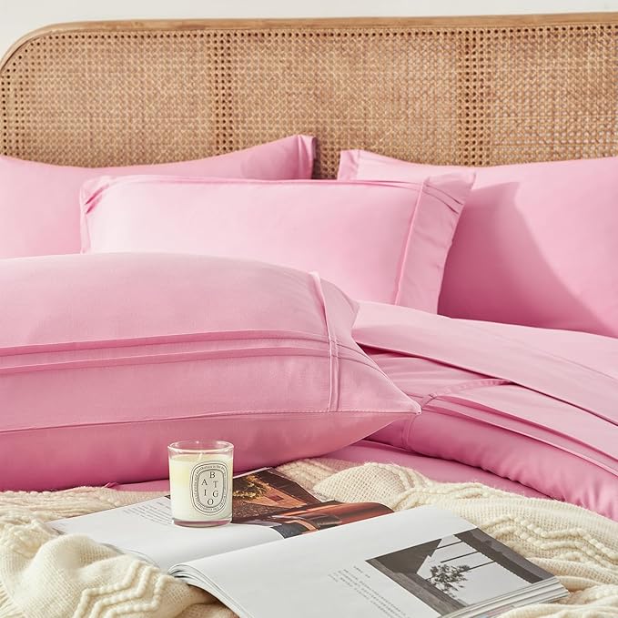 Yogeneg Pink Comforter Set Twin Size 5 Piece Bed in a Bag,Grid Pinch Pleat Twin Bedding Set,Striped Textured Soft Microfiber Comforter with Sheet Set,All Season Complete Bed Set(Pink,Twin)